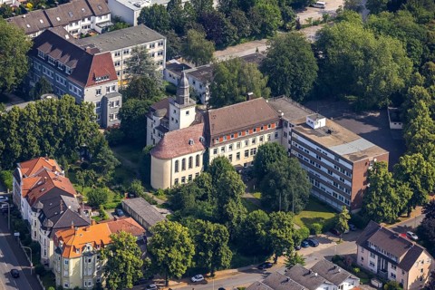 Aerial view, church project St. Jakobus, Werl, Soester Börde, North Rhine-Westphalia, Germany,