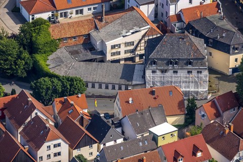 Aerial photo, house renovation in the old town centre Kämperstraße, Werl, Soester Börde, North