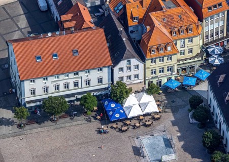 Aerial view, gastronomy cafe and restaurant Alter Markt, Werl, Soester Börde, North