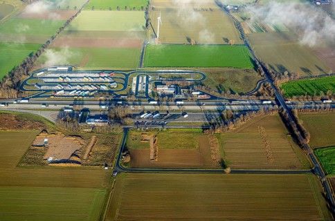 Aerial view, construction site and extension of the motorway service area Am Haarstrang of the A44