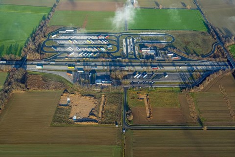 Aerial view, construction site and expansion of the motorway service area Am Haarstrang of the A44