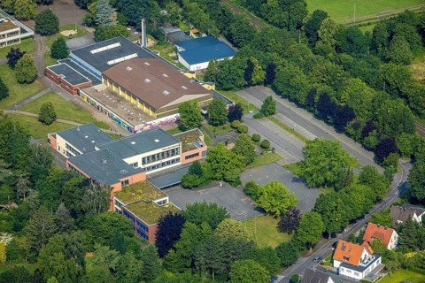 Aerial photo, triple sports hall, Werl Municipal Secondary School, Werl Sports Shooting Club, Werl,