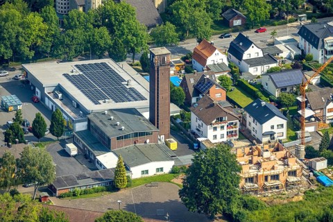 Aerial view, Lidl supermarket with solar roof, construction site new building Akazienweg, Werl,