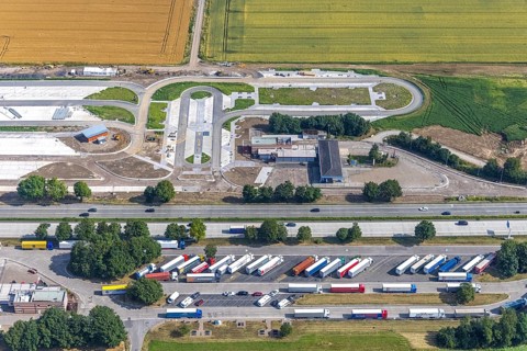 Aerial view, motorway A44 service area Am Haarstrang, construction site and new construction