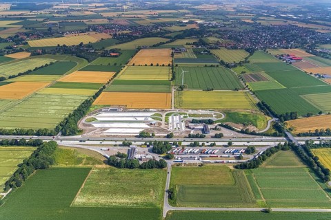 Aerial view, motorway A44 service area Am Haarstrang, construction site and new construction