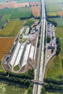 Aerial view, motorway A44 service area Am Haarstrang, construction site and new construction