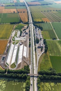 Aerial view, motorway A44 service area Am Haarstrang, construction site and new construction