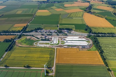 Aerial view, motorway A44 service area Am Haarstrang, construction site and new construction