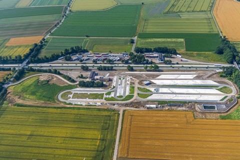 Aerial view, motorway A44 service area Am Haarstrang, construction site and new construction