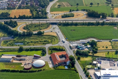 Aerial view, motorway exit Werl-Zentrum, A445, site Bioenergie Hellweg GmbH, Werl, Soester Börde,