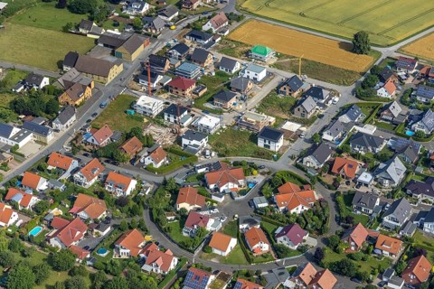 Aerial view, housing estate in the roundabout Vincenz-Frigger-Straße, construction site new