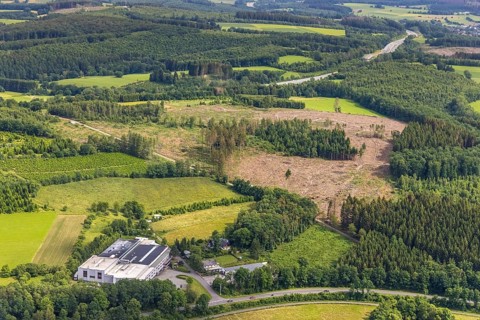 Aerial view, forest area with forest damage, Eloxal Gerlingen GmbH Metalloberflächenveredler,