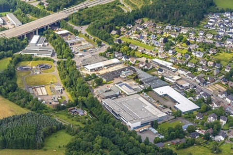 Aerial view, sewage treatment plant Wenden, industrial area Auf dem Ohl, Gerlingen, Wenden,