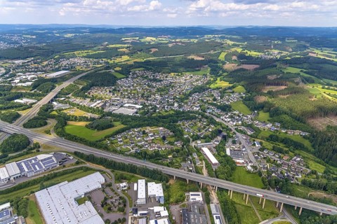 Aerial view, local view Gerlingen at motorway junction Olpe-Süd, A45 and A4, Wenden, Sauerland,