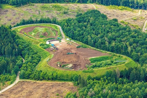 Aerial view, forest area with forest damage and construction site at Schörrenberg in the nature