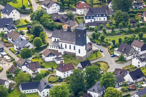 Aerial view, Church Hillmicke, Büchener Straße, Wenden, Sauerland, North Rhine-Westphalia, Germany,