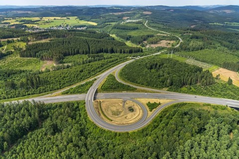 Aerial view, motorway A4, exit Krombach onto the B54, Elben, Schönau, Wenden, Sauerland, North