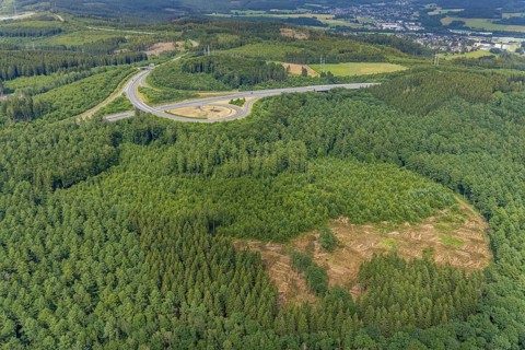 Aerial view, motorway A4, exit Krombach onto the B54, forest area with forest damage, Elben,