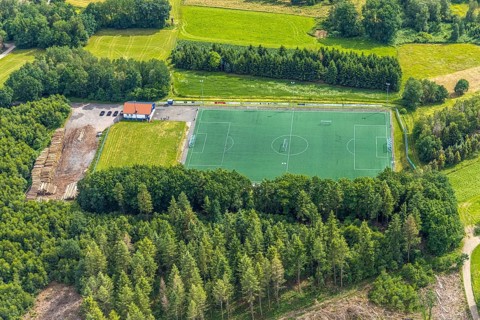 Aerial view, sports field SV Blau-Weiß Hillmicke, Wenden, Sauerland, North Rhine-Westphalia,