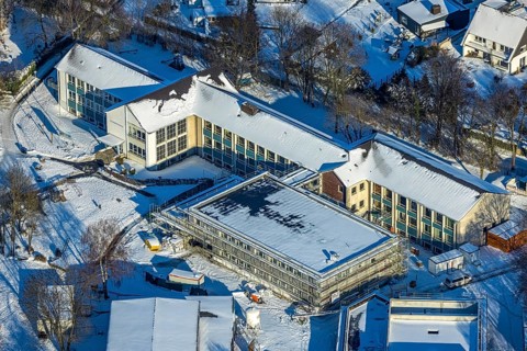 Aerial view, construction site, new building, Walburgisschule, winter, snow, Werl, Soester Börde,