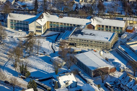 Aerial view, construction site, new building, Walburgisschule, winter, snow, Werl, Soester Börde,