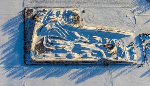 Aerial view, motorsport area Werler Ring, motorsport park, winter, snow, Werl, Soester Börde, North