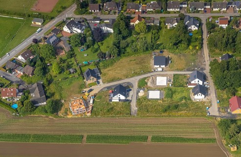 Aerial view, construction site, new residential area Albert-Schweitzer-Straße, Hilbeck, Werl,