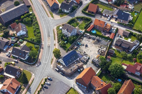 Aerial photo, renovation Lindenschänke eco Hotel with solar roof, Hilbeck, Werl, Soester Börde,