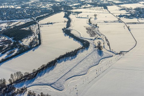 Aerial view, Sönnerbach and Salzbach, renaturalised railing, snow-covered, winter, Werl, Soester