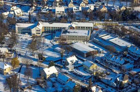 Aerial view, construction site, new building, Walburgisschule, winter, snow, Werl, Soester Börde,