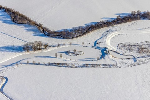 Aerial view, Sönnerbach and Salzbach, renaturalised railing, snow-covered, winter, Werl, Soester