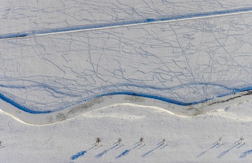 Aerial view, Sönnerbach and Salzbach, renaturalised railing, snow-covered, winter, Werl, Soester
