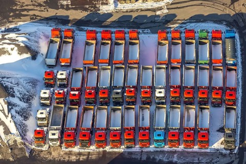 Aerial view, industrial estate KonWerl, winter, snow, Mimberg Spedition-Baustoffe GmbH & Co. KG,