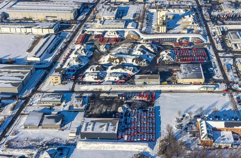 Aerial view, industrial estate KonWerl, winter, snow, Mimberg Spedition-Baustoffe GmbH & Co. KG,