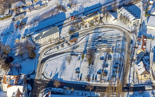 Aerial view, railway station, railway tracks, bus station, winter, snow, Werl, Soester Börde, North