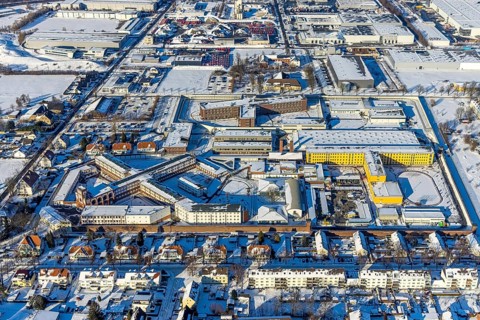 Aerial photo, Werl prison, JVA Werl, winter, snow, Werl, Soester Börde, North Rhine-Westphalia,
