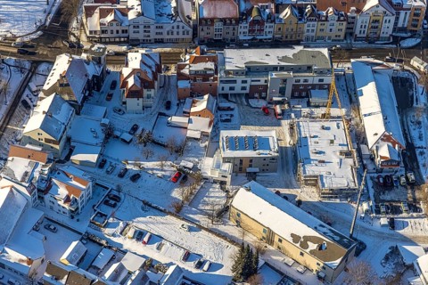 Aerial view, construction site new building at the police station, Caritas social station, winter,