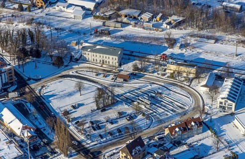 Aerial view, railway station, railway tracks, bus station, winter, snow, Werl, Soester Börde, North