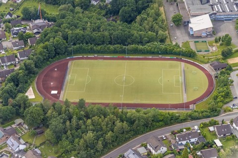 Aerial view, sports field at the comprehensive school Wenden, Möllmicke, Wenden, Sauerland, North