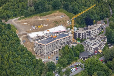 Aerial view, construction site St. Josefsheim, new construction Caritas Centre Wenden, Wenden,