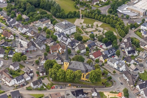 Aerial view, catholic church St. Severin and Rahaus, Wenden, Sauerland, North Rhine-Westphalia,
