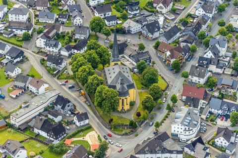 Aerial view, catholic church St. Severin, Wenden, Sauerland, North Rhine-Westphalia, Germany, place