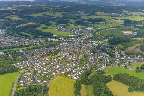 Aerial view, construction site St. Josefsheim, local view Wenden, Sauerland, North