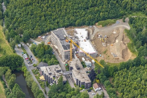 Aerial view, construction site St. Josefsheim, new construction Caritas Centre Wenden, Wenden,