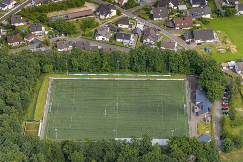 Aerial view, sports field Am Winterhagen in Altenhof, Wenden, Sauerland, North Rhine-Westphalia,