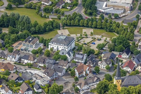 Aerial view, town hall, Wenden, Sauerland, North Rhine-Westphalia, Germany, authority, DE, Europe,