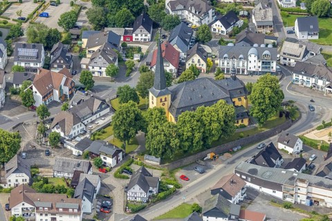 Aerial view, catholic church St. Severin, Wenden, Sauerland, North Rhine-Westphalia, Germany, place