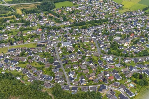Aerial view, catholic church St.Hubertus, local view Ottfingen, Wenden, Sauerland, North