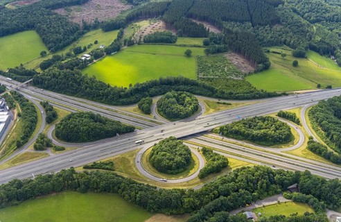 Aerial view, motorway junction Olpe-Süd, Gerlingen, Wenden, Sauerland, North Rhine-Westphalia,