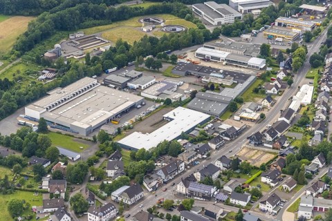 Aerial view, sewage treatment plant Wenden, industrial estate Auf dem Ohl, Gerlingen, Wenden,